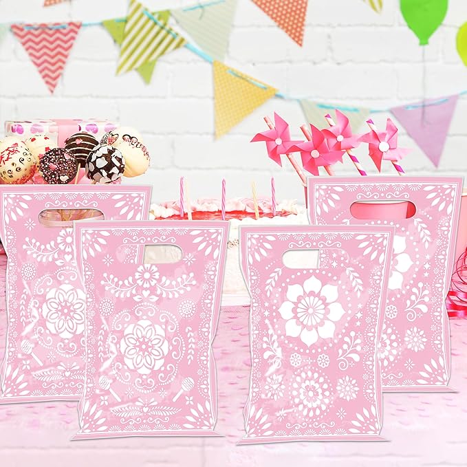 MOIZYNG 50 Pcs Cielito Lindo Candy Bags, Pink Floral Plastic Gift Goodie Party Favor Bags with Handles, Mexican Fiesta Party Decorations for Birthday Cinco de Mayo Wedding Baby Shower Supplies