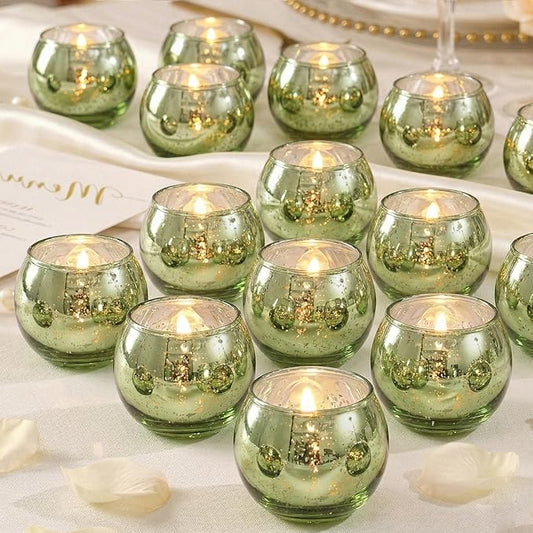 24 Pcs Green Candle Holder for Wedding Decor- Sage Green Mercury Glass Votives for Bridal Shower, Tea Party Table Centerpieces, Vintage Rustic Wedding