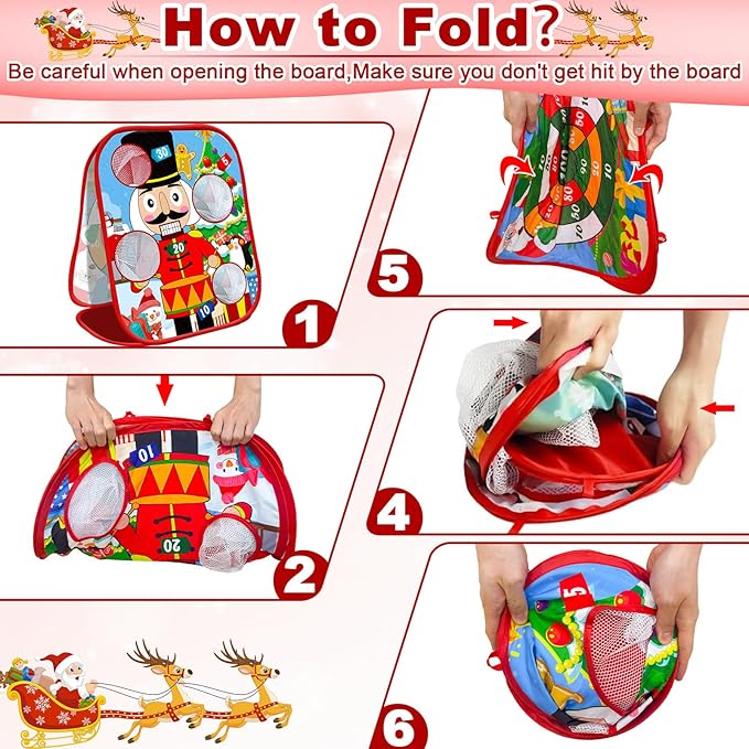 2 In 1 Christmas Party Games for Kids Adults, 20 Pcs Double Sided Foldable Board with Bean Bags Sticky Balls Toss and Dart Game Christmas Theme Gift for Family Xmas Party Favor Carnival Indoor Outdoor