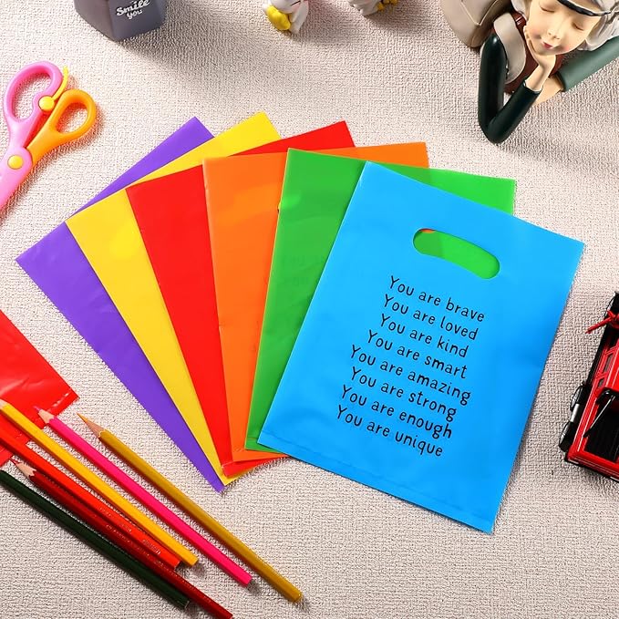 Coume 50 Sets End of Year Gifts Bags for Students 6 Colors Inspiration Quotes Plastic Party Favors Treat Bags with Handles Birthday Party Favors, 6" x 8"
