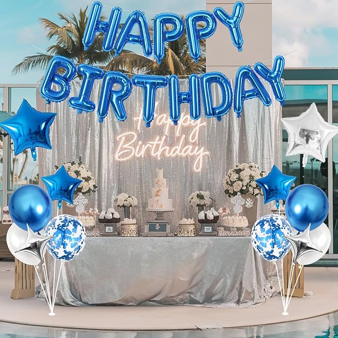 Happy Birthday Balloon Banner Blue Silver, 16 Inch Mylar Foil Letter Balloons, Reusable Birthday Decorations with Blue and Silver Balloons, Inflatable Party Supplies for Women Men Boys Girls Decor