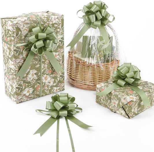 HUIHUANG Sage Green Bows for Gift Wrapping 12 PCS Satin Pull Bows 4" x 8" Dusty Sage Gift Bow for Presents, Gift Basket, Paper Bag, Wrapping Accessories, Bridal Shower Wedding Favors