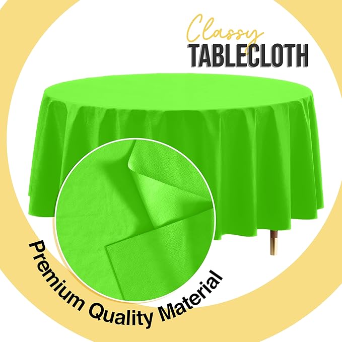 Exquisite 66% Thicker Premium Lime Green Round Tablecloth 0.5 Mil 12 Pack Plastic Table Cloth Disposable 84 Inch Round Plastic Tablecloth Won't Tear Easily Like Cheap Thin Brands