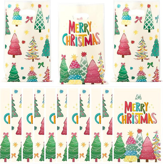 Haooryx Charistmas Party Favor Bag - 50Pcs Merry Charistmas Tree Plastic Goodie Candy Treat Bag with Handle Gift Wrapping Decor for Birthday Baby Shower Xmas Gift Decoration Holiday Party Favor Supply