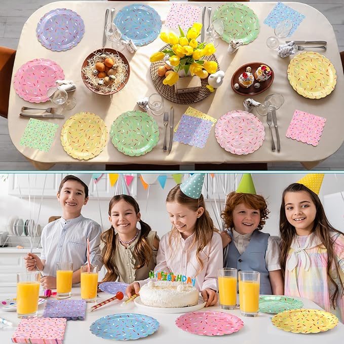 Mimorou 48 Pcs Donut Plates and Napkins Party Supplies Confetti Sprinkle Paper Plates Disposable Cocktail Napkins for Sprinkle Ice Cream Party Supplies Baby Shower Decorations for 24 Guest (Scalloped)