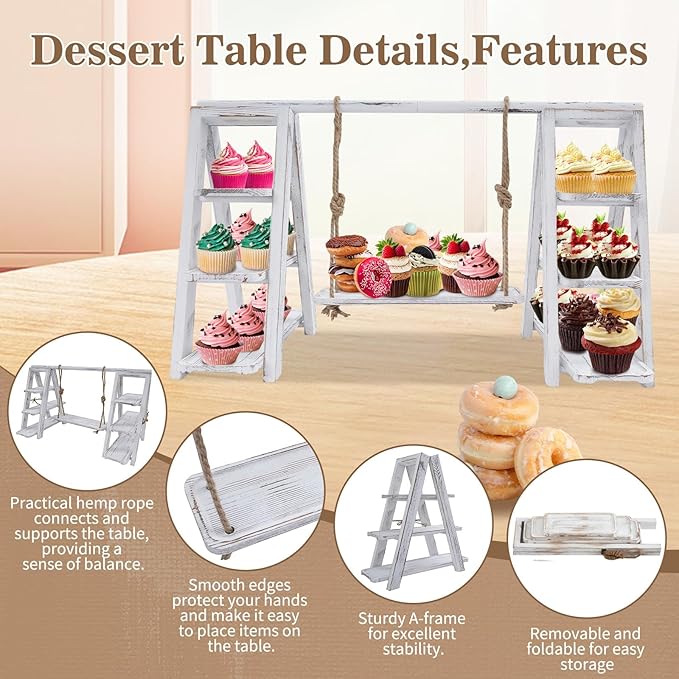 3 Tier Wooden Cake Stand with Tray Ladder,28.3×16.9 in Dessert Table Display Set, Cake Pop Stand,for Parties,Birthdays,Weddings, Baby Showers,etc (White)