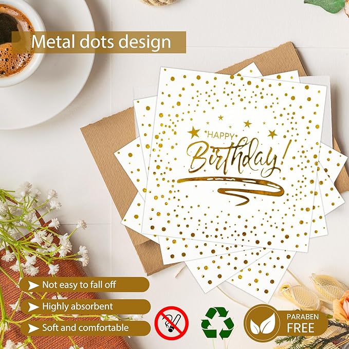 72PCS Happy Birthday Plates and Napkins Party Supplies, White Gold Dot Paper Plates and Napkins with Forks Disposable Tableware Set for Birthday Party Decorations, Serves 24