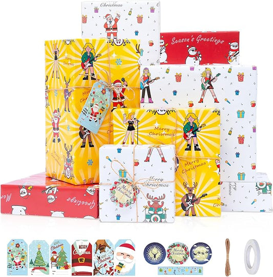 Larcenciel Music Christmas Gift Wrapping Paper Set with Xmas Gift Tags Twine & Tape, 6 Sheets Colorful Holiday Wrapping Paper, Rock Santa Snowman and Reindeer Design for Boy, Girly, Coworker, Friends
