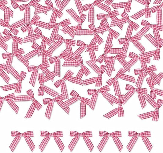Meseey 100 Pcs 1.5 Inches Premade Craft Bows Self Adhesive Hot Pink and White Plaid Satin Ribbon Bows for Treat Bags Gift Wrapping Basket Wedding Baby Shower Brithday Party(Hot Pink and White Plaid)