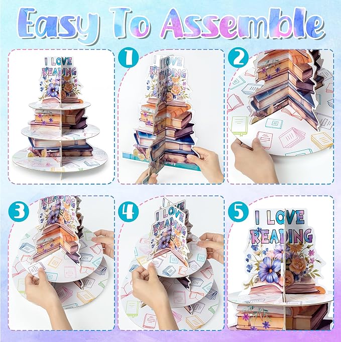 Haooryx Cupcake Dessert Display Stand - 2 Pcs 3 Tier I LOVE READING Watercolor Cupcake Dessert Table Display Tower Cardboard Cake Holder Serving Tray Baby Shower Birthday Tea Party Decoration Supplies