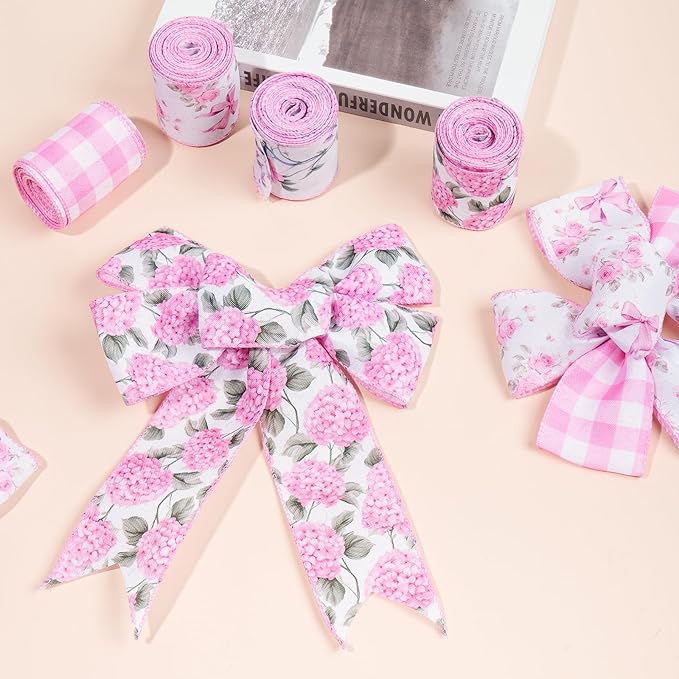 4 Rolls Pink Floral Wired Ribbon Set - 2.5 Inch Wide, 20 Yards Total – Rose Patterned Pink and White Vintage Satin Ribbon for Crafts, Spring, and Floral Decor