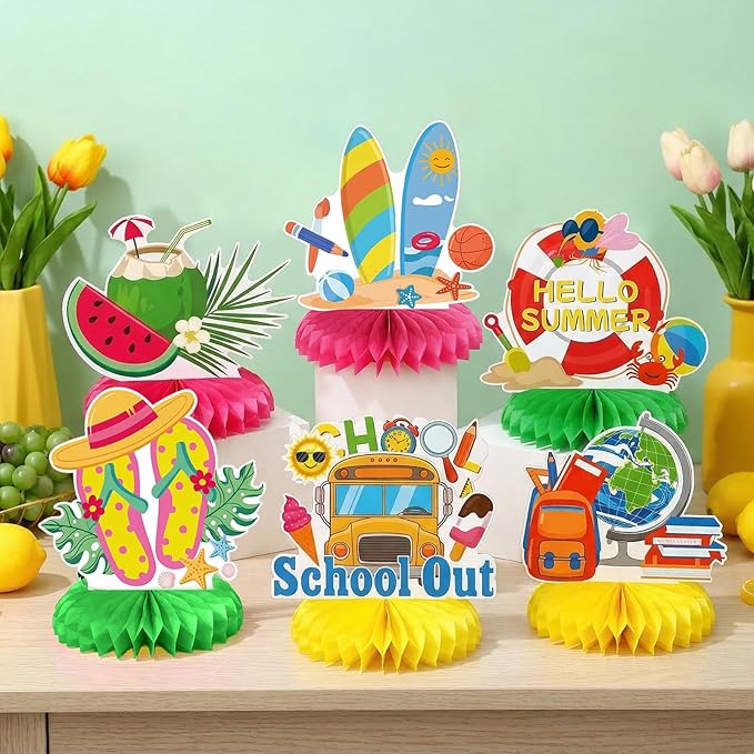 9 Pcs School Out for Summer Honeycomb Centerpieces Hello Summer Table Decorations Beach Palm Tree Surfboard School Bus Hawaiian Luau Party Supplies for Schools Classroom Summers Vacation Decor