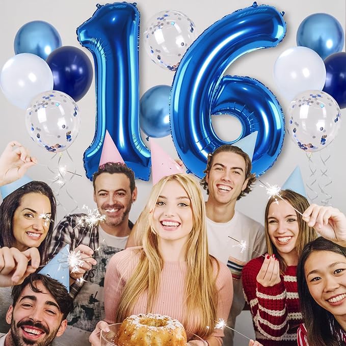 16 Balloon Number Blue, Big Number 16 Balloon Pastel Navy Dark Blue with Metallic Silver Confetti Balloon for Boys 16th Birthday, Foil 40'' Self Inflating Balloon 16 for Anniversary Party Decorations