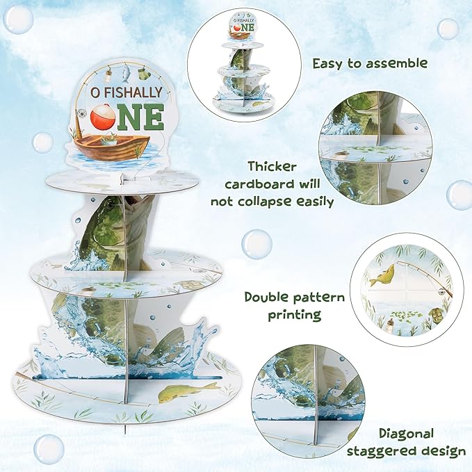 Go Fishing Cupcake Stand Decorations - 3 Tier Ofishally One Birthday Decorations Gone Fishing 1st Cupcake Stand Dessert Tower Holder for Kids Baby Shower Little Fisherman Birthday Party Favor