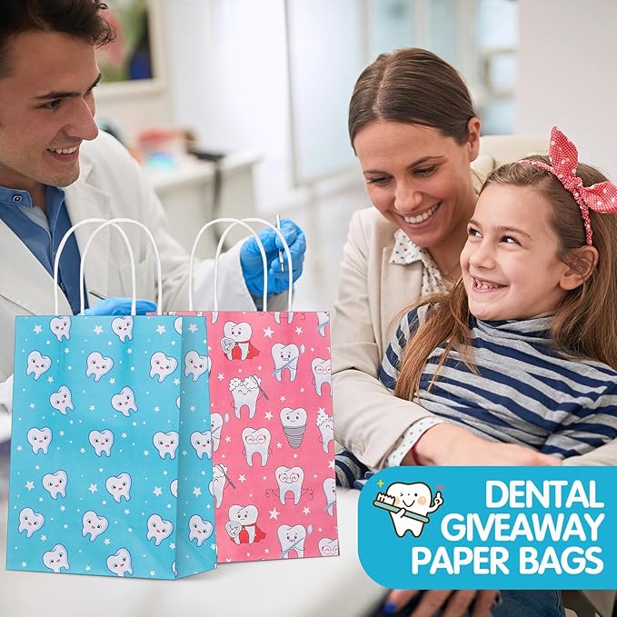Gaillty 24 Pcs Dental Gift Bags Paper Tooth Merchandise Bags with Handles Teeth Goodie Treat Bag for Patient Dental Assistant Appreciation Week Gifts Dentist Clinics Office Hygiene Party Favors