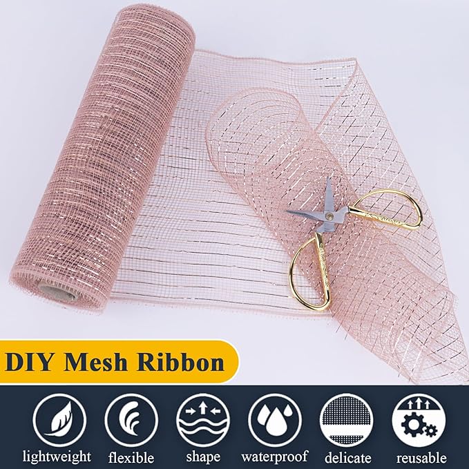 2 Pcs Rose Gold Deco Mesh Ribbon Rolls 10 Inch 10 Yards(30 ft) Decorative Mesh Fabric with Foil for Wreaths Christmas Tree Ribbon Door DIY Craft Halloween Decor Wedding Party Supplies (Rose Gold)