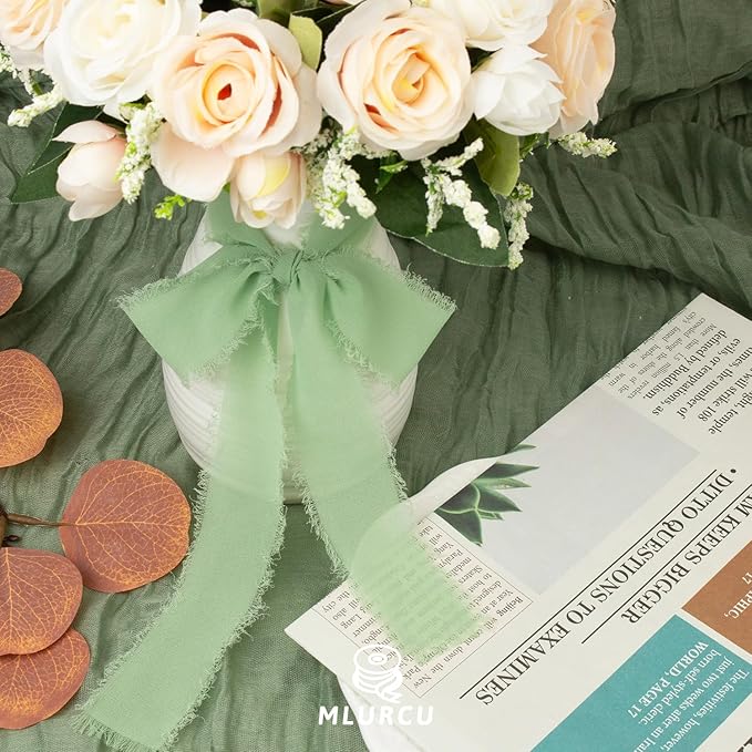 Sage Green Chiffon Ribbon 1-1/2 Inch x 21Yards Handmade Fringe Chiffon Silk Ribbon Boho Frayed Ribbon Sage Green Ribbon for Gift Wrapping, Wedding Invitation, Bridal Flower Bouquets