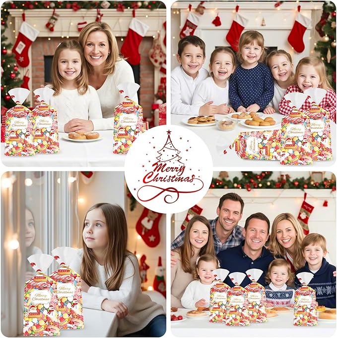50 Pcs Christmas Treat Bags - Merry Christmas Gift Bags Bulk, Plastic Santa Claus Snowman Christma Cellophane Cello Candy Cookie Goodie Bag with Twist Ties for Winter Xmas Christmass Party Favors