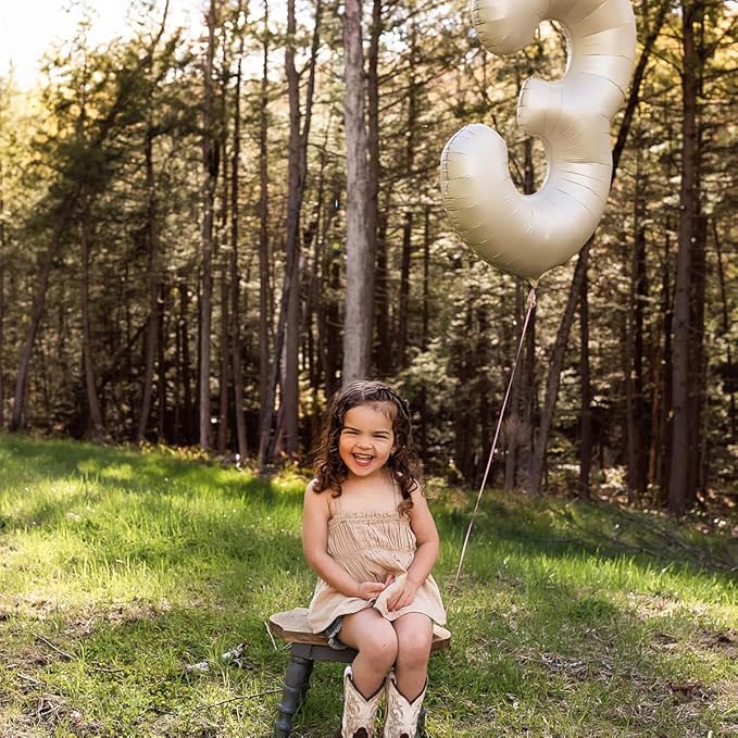 40 Inch Beige Number 3 Balloons for 3rd Birthday Decorations Boys Girl, Giant Self-Sealing Cream Foil Number 0-10 White Sand Balloon for Women Men Party Anniversary Baby Shower Supplies