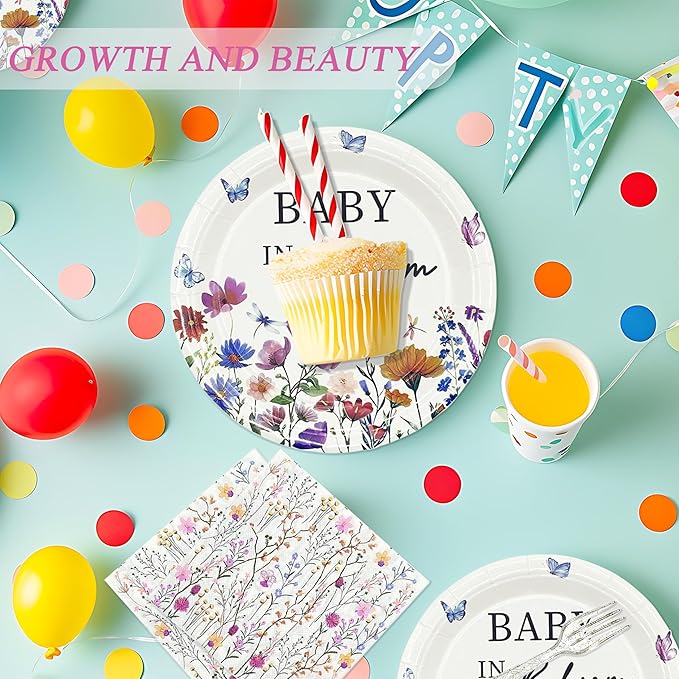 72PCS Baby in Bloom Paper Plates and Napkins - 7 Inch Paper Plates and 6.5 Inch Napkins with 6.3 Inch Forks Disposable Tableware Set for Baby Shower Party Decorations