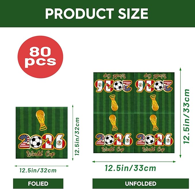 80 Pcs 2026 World Cup Napkins, 6.5" Soccer Party Napkins for Sports Theme Birthday Decorations, Disposable Paper Cocktail Napkins for Watch Parties