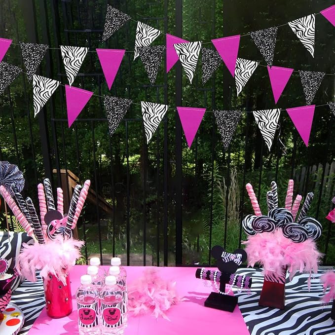 Cheerland Pink Zebra Party Decorations Hot Pink and Zebra Print Birthday Party Decorations Animal Print Streamers Triangle Flag Bunting Pennant Garland Banner Jersey Shore Decor Supplies 4 Pcs