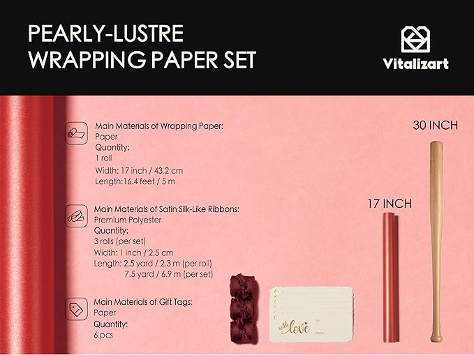 Vitalizart Red Wrapping Paper Set 17" Pearly-Lustre With Silk Like Satin Ribbon & Gift Tags Recyclable Christmas Gift Wrapping Birthday Baby Shower Wedding Handmade Crafts 197"(16.4 Ft)