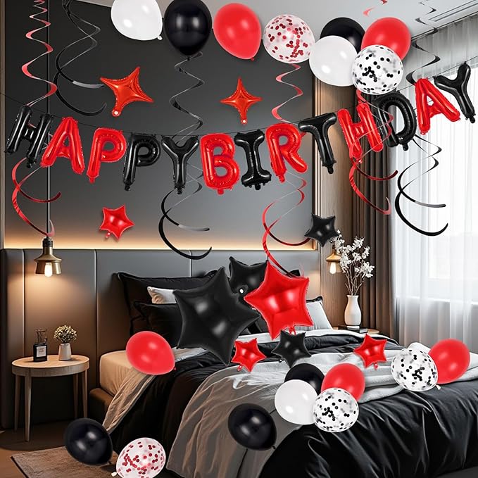 55 Pcs Happy Birthday Balloons Letters Banner with 35 Pcs Star Foil Balloon, 20 Pcs Latex Balloons, 6 Hanging Swirls for Women Men Boys Girls Birthday Party Decorations Set ﻿ (Black and Red)