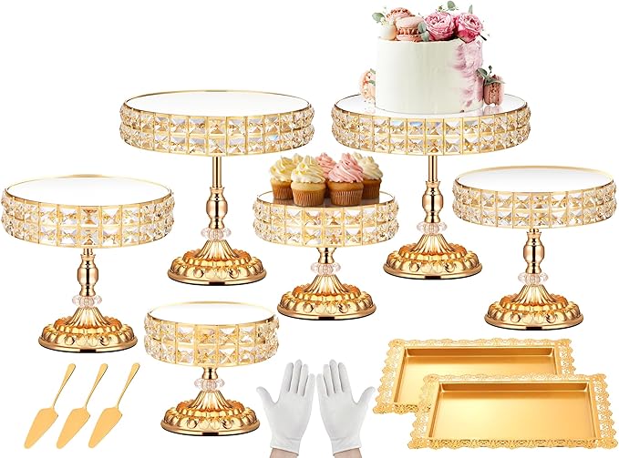 12 Pieces Gold Cake Stand Set, Vintage Cake Display Stand with Crystal Edge and Cupcake Display Tray, Dessert Table Display Set for Wedding Party Baby Shower Anniversary Celebration