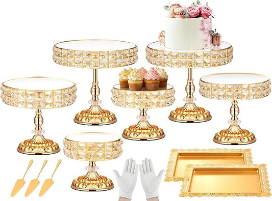 12 Pieces Gold Cake Stand Set, Vintage Cake Display Stand with Crystal Edge and Cupcake Display Tray, Dessert Table Display Set for Wedding Party Baby Shower Anniversary Celebration