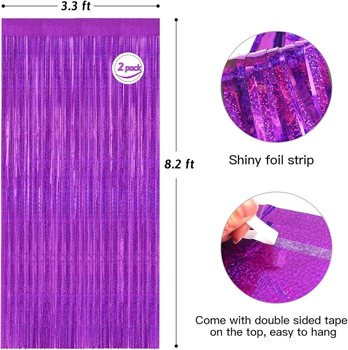 Purple Metallic Tinsel Foil Fringe Curtains Backdrop 2Pack 3.3x8.3Ft Purple Party Streamers for Birthday Party Decorations Halloween Christmas Decors Foil Curtain Backdrop for Bachelorette Wedding