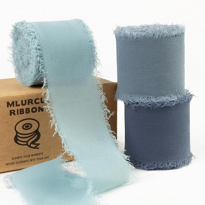 Dusty Blue Chiffon Ribbon 1.5 Inch x 21Yds Handmade Fringe Chiffon Silk Ribbon Dusty Blue/Slate Blue/Dark Blue Frayed Chiffon Ribbon for Wedding Invitation Flower Bouquets Bridal Shower Gift Wrapping