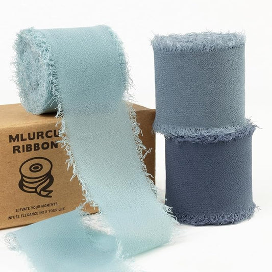 Dusty Blue Chiffon Ribbon 1.5 Inch x 21Yds Handmade Fringe Chiffon Silk Ribbon Dusty Blue/Slate Blue/Dark Blue Frayed Chiffon Ribbon for Wedding Invitation Flower Bouquets Bridal Shower Gift Wrapping