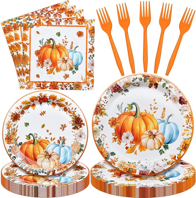 96 Pieces Thanksgiving Pumpkin Tableware Set ??Rustic Sunflower and Pumpkin Disposable Plates, Napkins, and Forks for Fall Dinners, Friendsgiving, Harvest Parties ??Serves 24 Guests