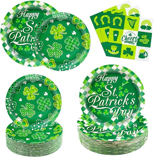 St Patrick's Day Paper Plates and Napkins Tableware Set Serves 60, 180PCS Green Shamrock Happy St Patricks Day Party Decorations Supplies, Includes Dinner Plates, Dessert Plates, Napkins