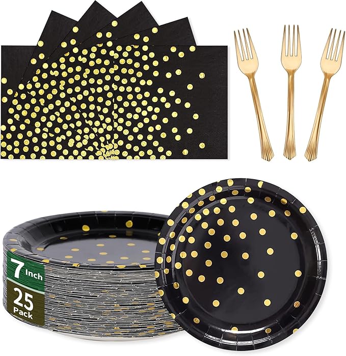 Black Gold Paper Plates and Napkins Tableware Set-25 x 7''Dessert Plates & 25 x 6.5''Napkins & 25 x 7.3''Forks,Party Supplies for Birthday,Graduation,Anniversary,Retirement,Father's Day(Serve 25)