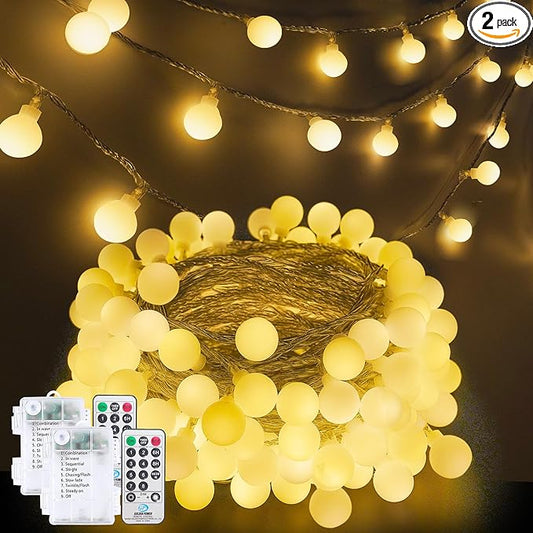 2 Pack Battery Operated String Lights - 52FT 120 LED Globe Fairy Lights with Remote, Waterproof String Light Indoor Outdoor 8 Modes with Timer for Bedroom Classroom Dorm Christmas Decor, Warm White
