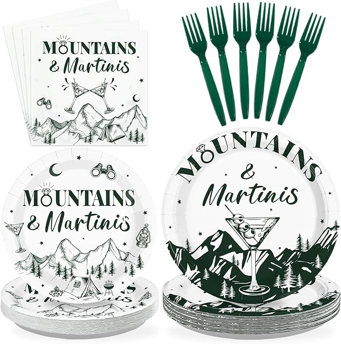 96Pcs Camp Bachelorette Decorations Green Tiny Bit Bridal Shower Plates and Napkins Mountains and Martinis Tableware Set for Camp Wedding Engagement Bachelorette Party Supplies, Serves 24