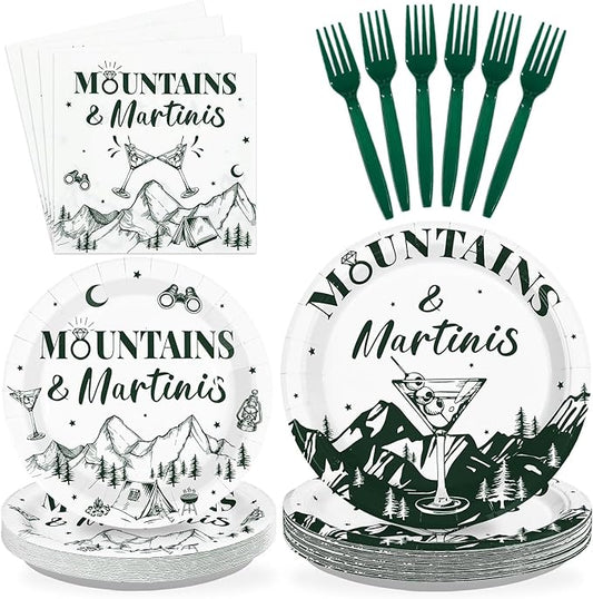 96Pcs Camp Bachelorette Decorations Green Tiny Bit Bridal Shower Plates and Napkins Mountains and Martinis Tableware Set for Camp Wedding Engagement Bachelorette Party Supplies, Serves 24