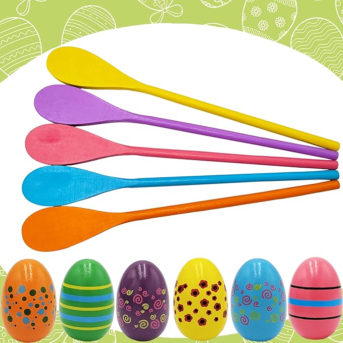 Painted Easter Egg and Spoon Race Game Set, Family Game for Kids & Family Activity Holiday Outdoor Yard Easter Egg Hunt Birthday Party Front Lawn