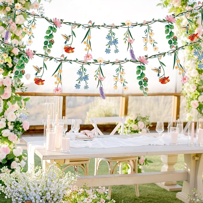 2 Pcs Flower Banner Wildflower Garland, Baby Shower Decorations, Floral for Enchanted Garden Party, Wedding Wild One Bloom Baby Shower Fairy Tale Tea Market Spring Supplies Girl Woodland Party