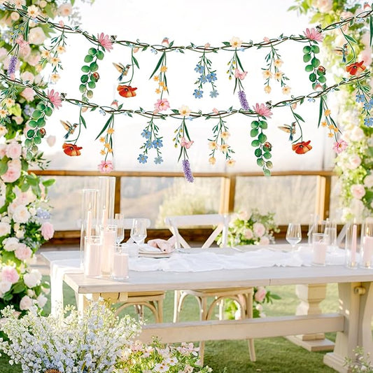 2 Pcs Flower Banner Wildflower Garland, Baby Shower Decorations, Floral for Enchanted Garden Party, Wedding Wild One Bloom Baby Shower Fairy Tale Tea Market Spring Supplies Girl Woodland Party