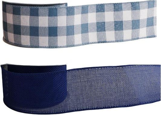 Meseey 2.5 Inch Burlap Wired Ribbon Set, 2 Rolls Total 10 Yards Blue White Buffalo Check & Solid Navy Blue Wired Edge Ribbon for Wreaths, Bows, Gift Wrapping, Farmhouse & Patriotic Decor
