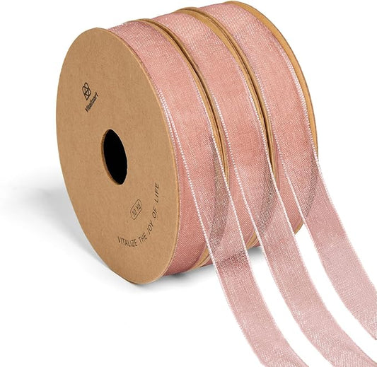 Vitalizart 3/8" x 30Yd Organza Ribbon Pink Sheer Ribbons Set 10 Yd x 3 Rolls Handmade Eco-Friendly for Gift Wrapping Christmas Tree Crafts Bows Wedding Invitations Wreaths Wrap