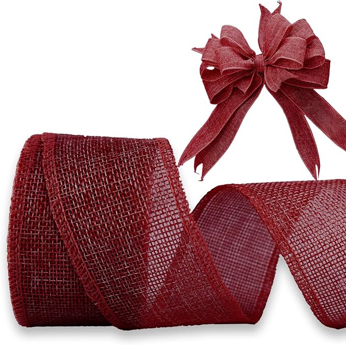 Burgundy Burlap Ribbon 2 inch X 10 Yard Natural Burlap Woven Wired Ribbons DIY Handmade Edging Production Wreath Holiday Decoration Gift Ribbon for Gift Wrapping Burgundy Ribbons