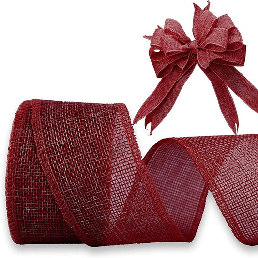 Burgundy Burlap Ribbon 2 inch X 10 Yard Natural Burlap Woven Wired Ribbons DIY Handmade Edging Production Wreath Holiday Decoration Gift Ribbon for Gift Wrapping Burgundy Ribbons
