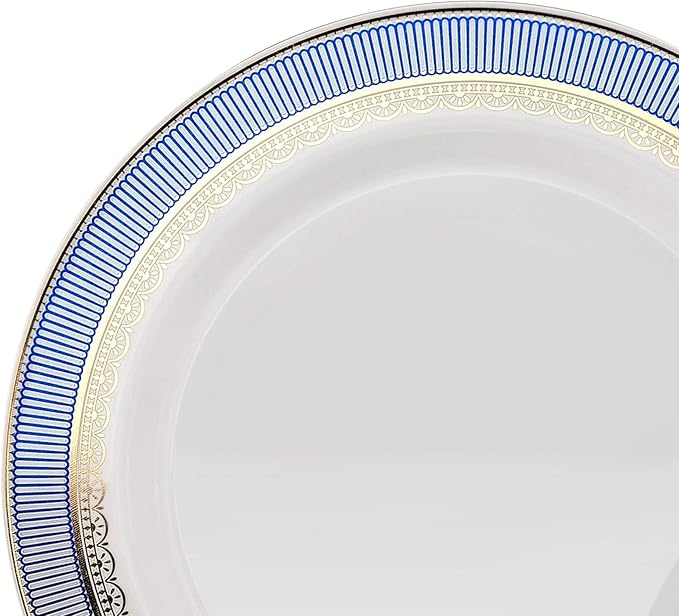 " OCCASIONS " 120 Plates Pack,(60 Guests) Heavyweight Premium Wedding Party Disposable Plastic Plates Set -60 x 10.5'' Dinner + 60 x 7.5'' Salad/Dessert(Louvre Blue/Gold)