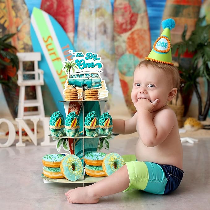 Haooryx Beach Surfboard Cupcake Stand - 3 Tier Seaside Surfboards Cupcake Tower Cardboard Dessert Holder Pastry Platter for Summer Beach Pool Party Birthday Baby Shower Party Table Decoration Supplies