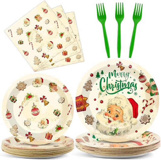Qyeahkj 100 Pcs Christmas Xmas Party Paper Plates and Napkins, Vintage Holiday Party Supplies Birthday Party Tableware Set Table Decorations Favors with Forks for Girls Boys Kids Serve 25