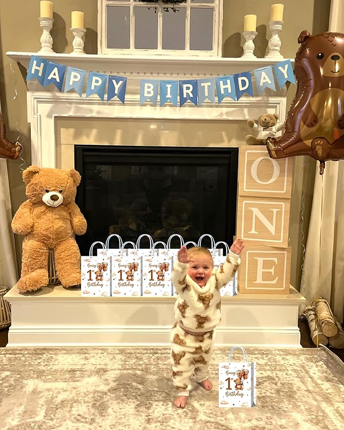 Roselush 16 Pcs Beary 1st Birthday Goodie Bag,Teddy Bear 1st Birthday Gift Snacks Treat Candy Party Favors Bags for Kids First Bday Party Decorations Supplies